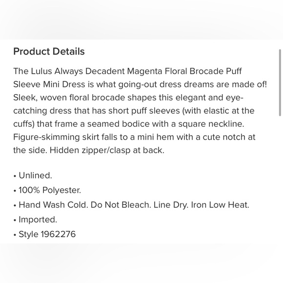 Magenta Floral Brocade Puff Sleeve Mini Dress - Picture 3 of 3